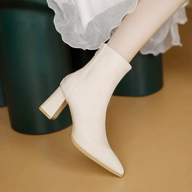 deanwangkt Autumn Women's Leather Boots High Heels Winter Woman White Elastic Thin Boots Shoes Pointed Thick Heel Dress Short Ankle B - Deanwangkt