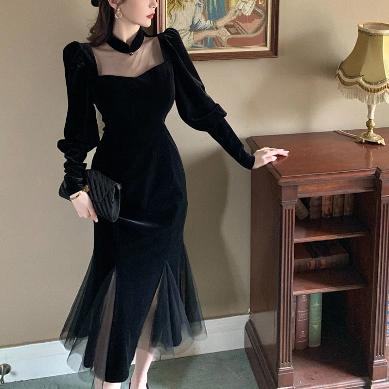 deanwangkt Elegant Mesh Velvet Black Long Dress Women Vintage Gothic Slim Party Dresses Female Winter Sexy Split Hollow Christmas Dress New - Deanwangkt