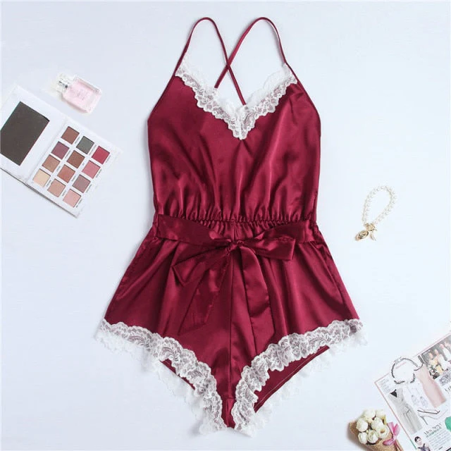 Sexy romper elegant bodysuits satin pajamas belt playsuit casual  holiday body mujer jumpsuits comfy nightdress - Deanwangkt