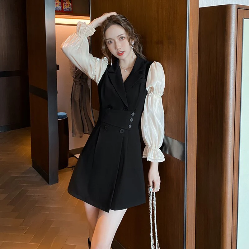 deanwangkt Korean Black Patchwork Short Dresses Women  Autumn New Fashion Slim Office Lady Notched Collar Long Sleeves Female Clothing - Deanwangkt