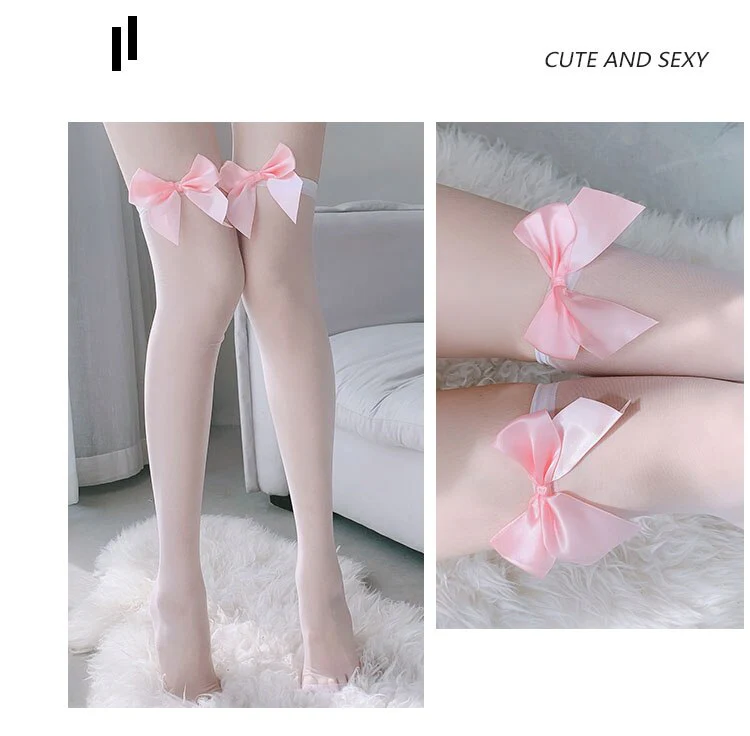 deanwangkt Fashion Pink Legs Socks for Women Cosplay Cute Bow Sexy White Black Mesh Fishnet Transparent Thigh High Stockings Long Knee Sock - Deanwangkt