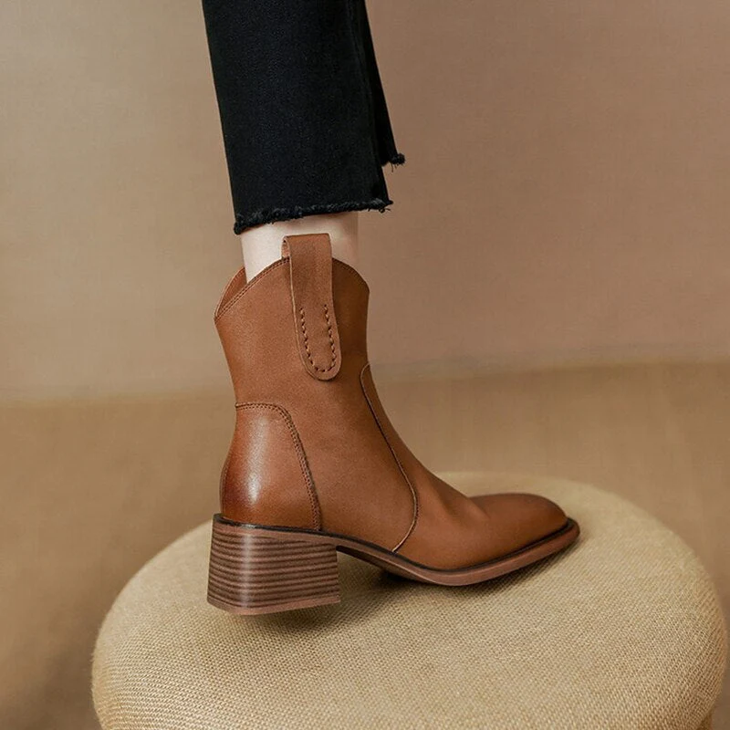 deanwangkt  fashion inspo   Autumn Women Boots Square Toe Chunky Heel Boots for Women Genuine leather Shoes Women Retro Black Ankle Boots Winter Shoes Women - Deanwangkt
