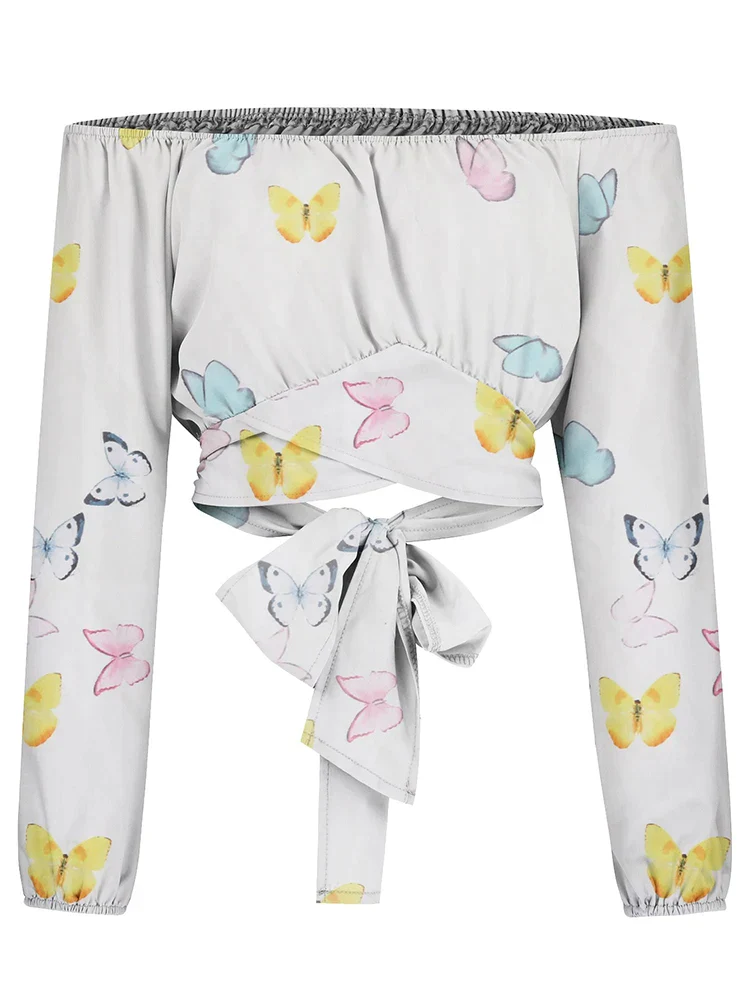 deanwangkt Women Elegant Boho Print Blouse Casual Long Lantern Sleeve Off Shoulder Slim Shirt Female Chic Cropped Top Summer Tunics - Deanwangkt