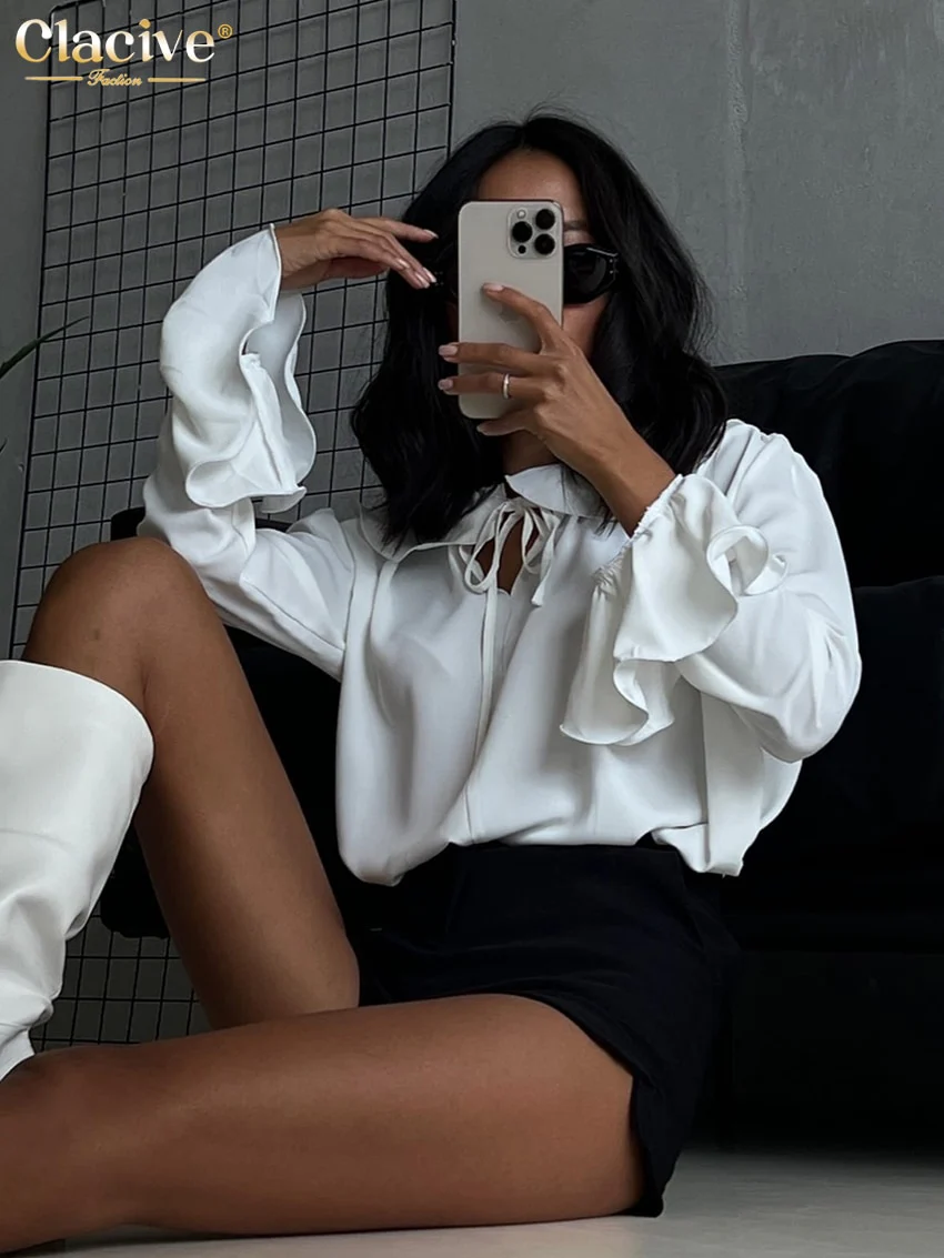 deanwangkt Fashion Woman Blouses  Auutmn Doll Collar Trumpet Sleeve Office Lady Shirts Elegant Loose White Blusas Tops Female - Deanwangkt