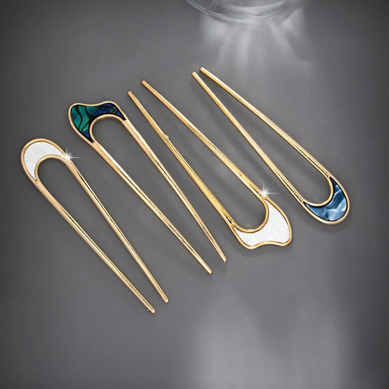 deanwangkt Fashion Hair Accessories Metal U Shape Hair Stick For Women Silver Gold Color Elegant Shell Enamel Hairpin Female Headwear New - Deanwangkt