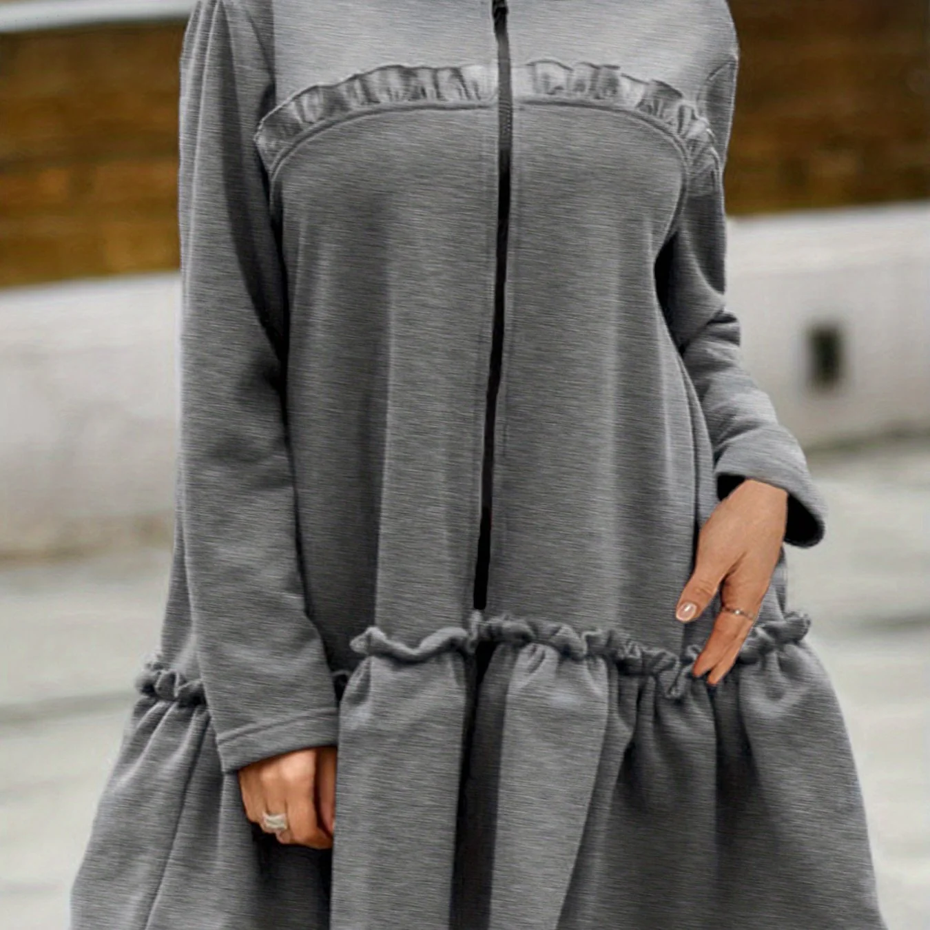 Flared Ruffle Trim Hoodies, Casual Zip Up Long Sleeve Solid Sweatshirt, Women's Clothing - Deanwangkt