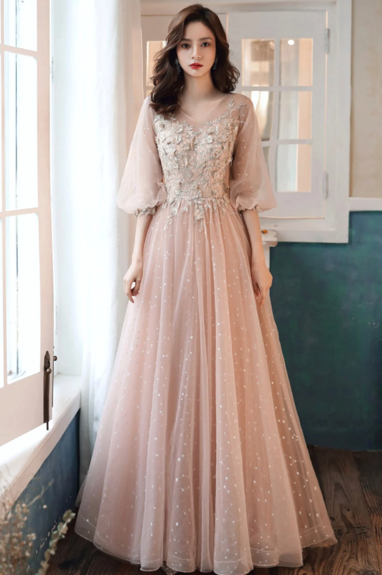 solvbao Pink Tulle Lace Long Prom Dresses, A-Line Long Sleeve Evening Dresses - Deanwangkt