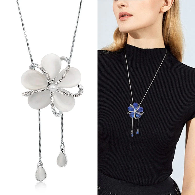 DEANWANGKT Sunflower Crystal Pendant Necklace Women Fashion Blue White Rhinestone Long Chain Necklaces & Pendants Jewelry - Deanwangkt