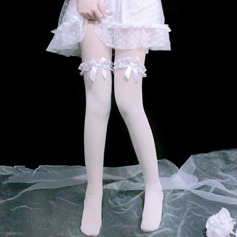 deanwangkt Japanese Reflective Stockings Bandage Lolita Socks Long Knee Socks Korea Style Women White Cotton Socks Cosplay JK Socks Cute - Deanwangkt