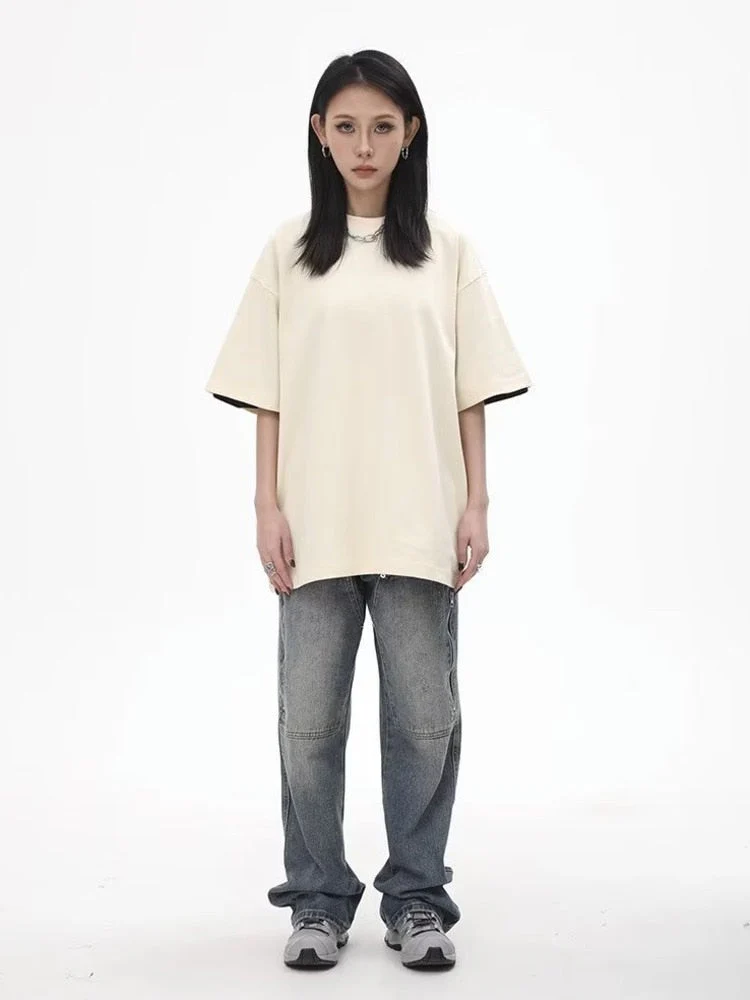 deanwangkt High Street Fashion Brand Made Old Wash Zipper Pocket Woodcut Jeans Vintage Loose Straight Leg Pants Women's Jeans - Deanwangkt