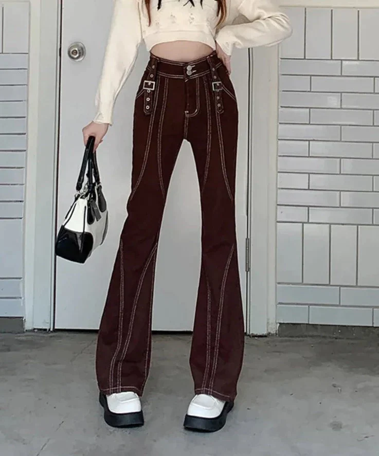 deanwangkt Retro High Waisted Flare Jeans Women Korean Autumn New Y2K High Street Brown Pants Female Buckle Cool Casual Pants S-XL - Deanwangkt