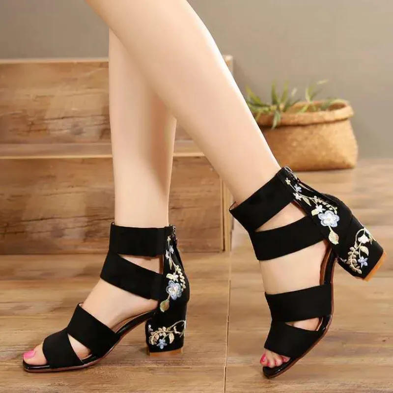 deanwangkt Summer Ethnic Style Embroidered Mid-heel Sandals Women  All-match Thick Heel Elegant Retro Open Toe Embroidered Shoes Women - Deanwangkt