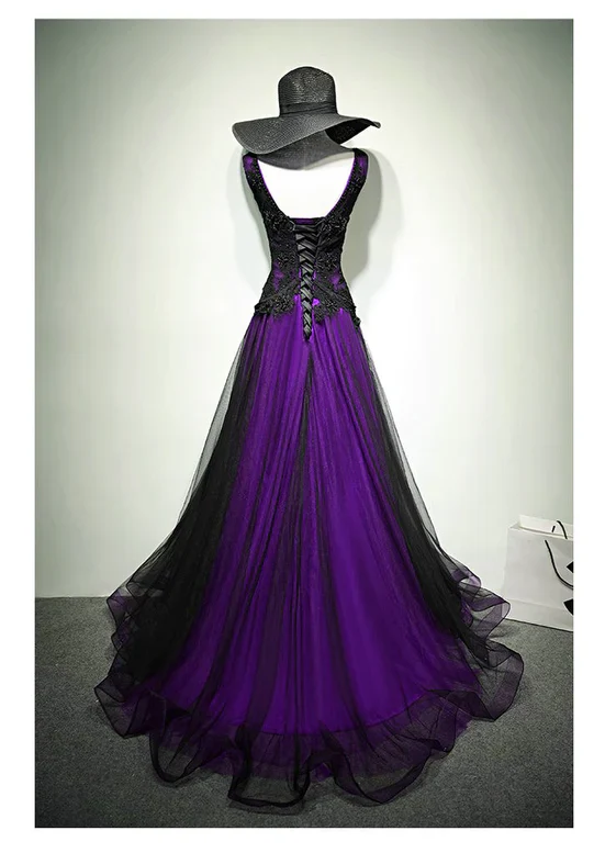 Solvbao A-line Black and Purple Tulle V-neckline Beaded Prom Dress, Black Tulle Formal Dress - Deanwangkt