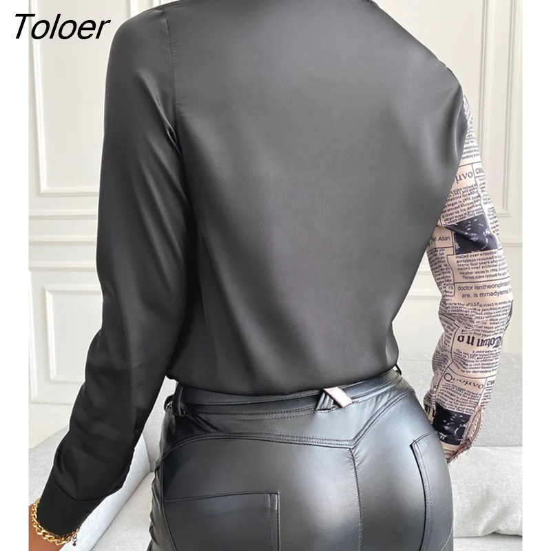 deanwangkt Women Spring Casual Letter Print Long Sleeve Buttoned Up Shirt Autumn Elegant Workwear Turn-down Collar Blouse Asymmetric - Deanwangkt