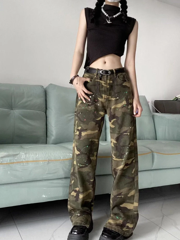 deanwangkt Loose Splashed Ink Speaker Camouflage Pants Trendy Hip-hop Vintage Versatile Work Clothes Pants Wide Leg Pants Women's Jeans - Deanwangkt