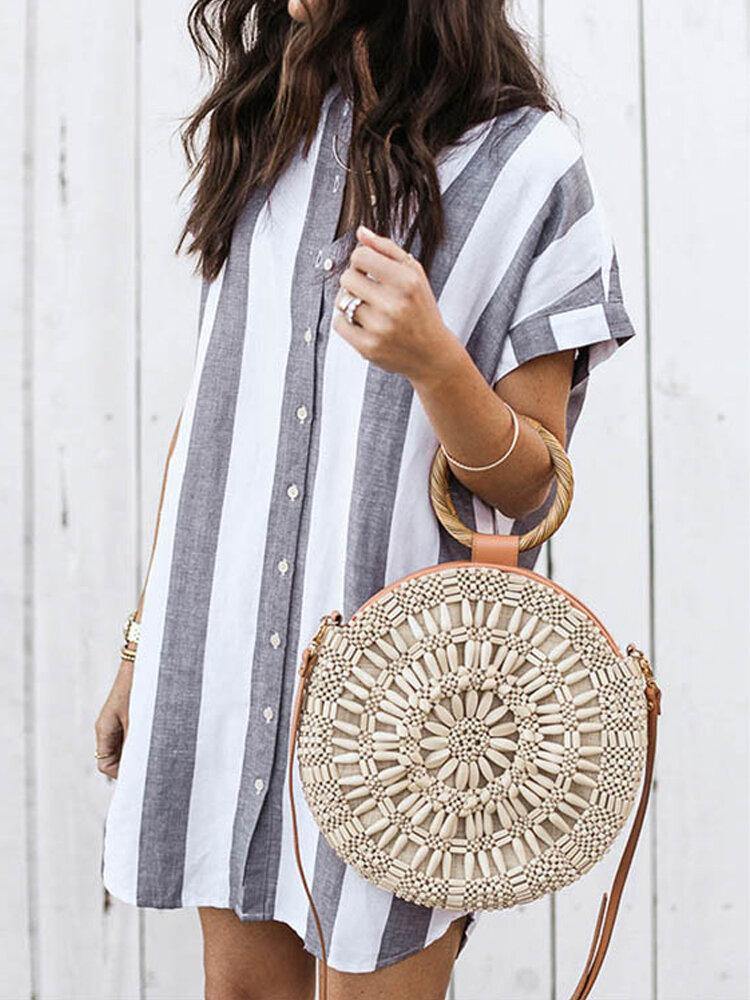 deanwangkt Linen Striped Print Front Button Stand Collar Short Sleeve Casual Dress - Deanwangkt