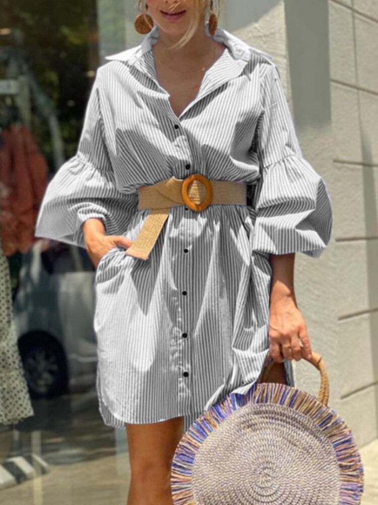 deanwangkt Women Pinstripe Contrast Collar Casual Stitching Sleeve Shirt Dresses - Deanwangkt