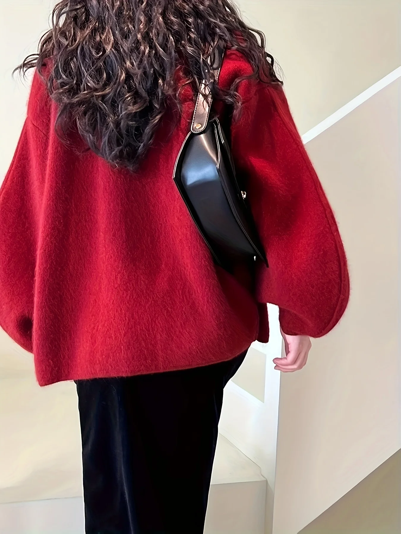 deanwangkt  Solid Tie Front V-neck Coat, Elegant Lantern Sleeve Drop Shoulder Loose Outwear, Women's Clothing - Deanwangkt