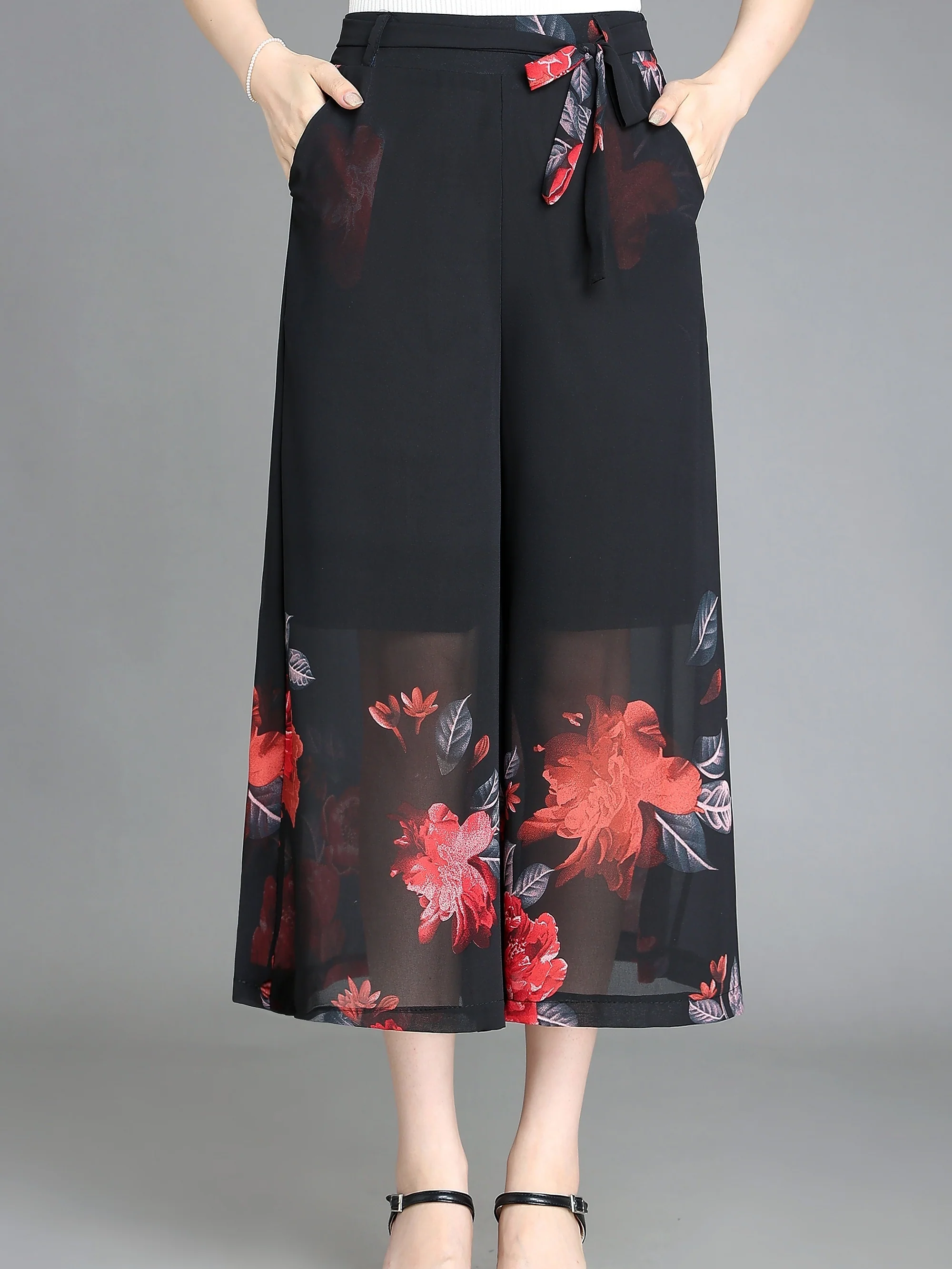 Floral Pattern Chiffon Cropped Wide Leg Pants, Casual Belted Pants For Spring & Summer, Women's Clothing - Deanwangkt