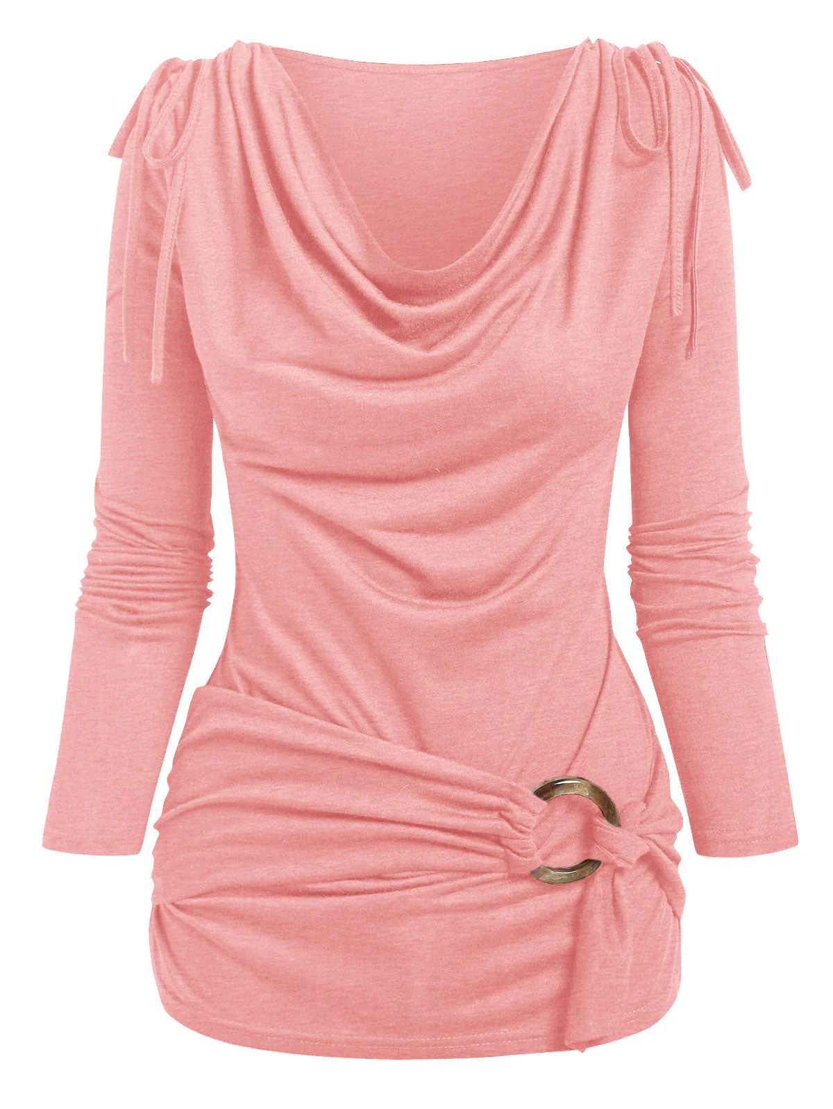 deanwangkt   Cowl Neck Cinched O Ring Tee Long Sleeve Loose Tops  Women's Spring Autumn Style Blouses Shirt - Deanwangkt