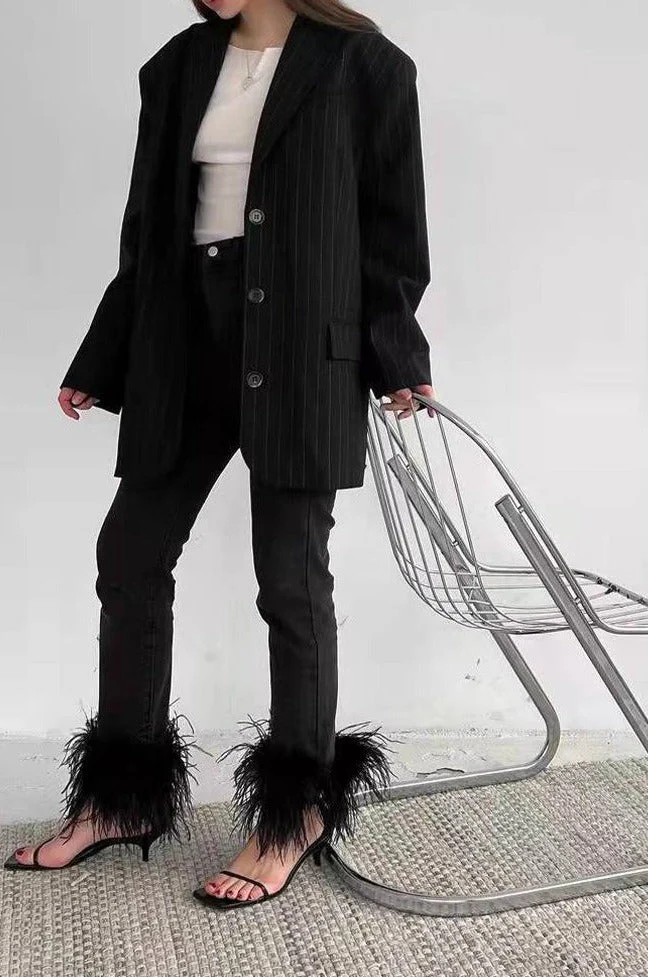 DEANWANGKT Back To School Puffy Feathers Cuff Jeans Women Stylish Denim Pants Fashion Streetwear High Waist Stretch Skinny Cropped Jeans - Deanwangkt