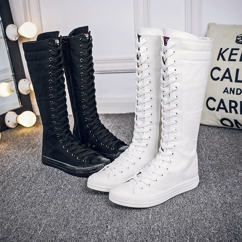 DEANWANGKT  Spring Autumn Women Shoes Canvas Casual High Top Shoes Long Boots Lace-Up Zipper Comfortable Flat Boots Sneakers Size 34-43 - Deanwangkt