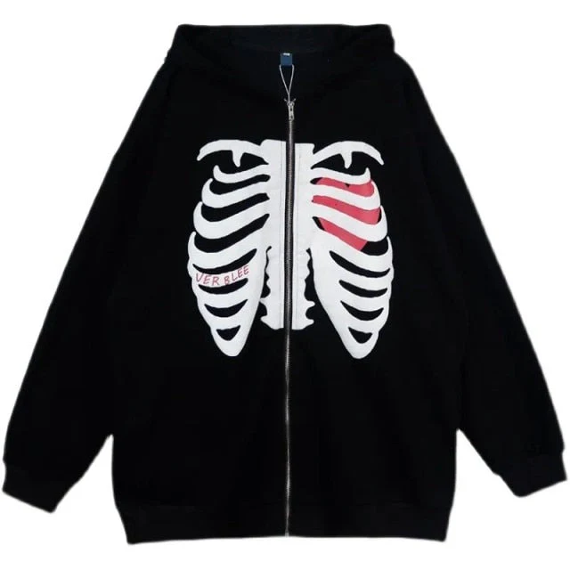deanwangkt Rhinestone Skeleton Zip Up Oversized Sweatshirts  Summer Goth Hoodies Women Grunge Hooded Jacket Streetwear Retro Clothe - Deanwangkt