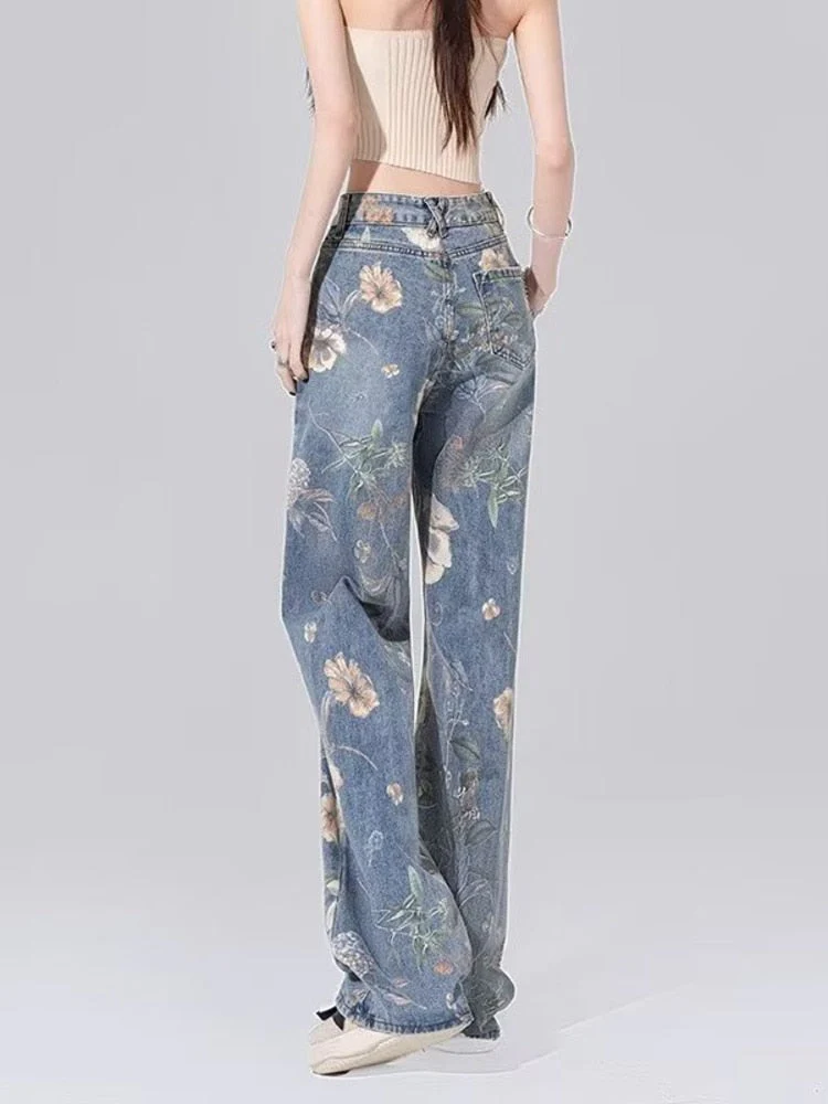 deanwangkt Street Printed Jeans, Female Niche Design, Trendy Vibe High Waisted Drape, Straight Leg Wide Leg Long Pants, Women's Jeans - Deanwangkt