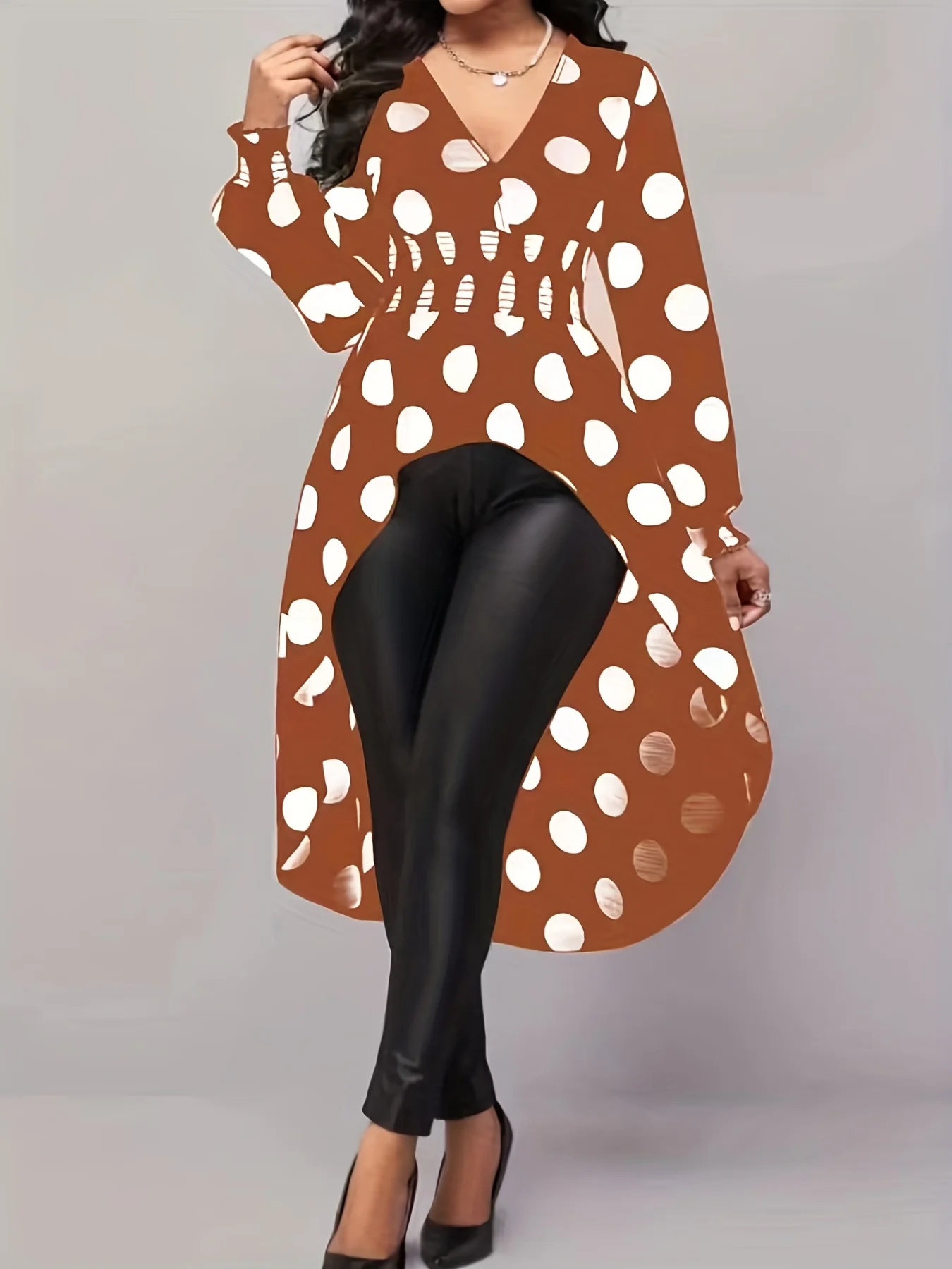 Asymmetrical Polka Dot Blouse, Long Sleeve V-neck Blouse, Casual Every Day Tops, Women's Clothing - Deanwangkt