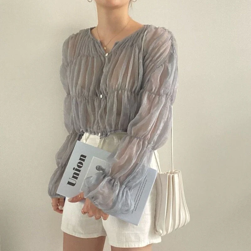 deanwangkt Korean Loose Casual Blouse Women Summer Slim Pleated Chiffon Shirt Fashion Folds Perspective Long Sleeve Tops Blusas Mujer - Deanwangkt