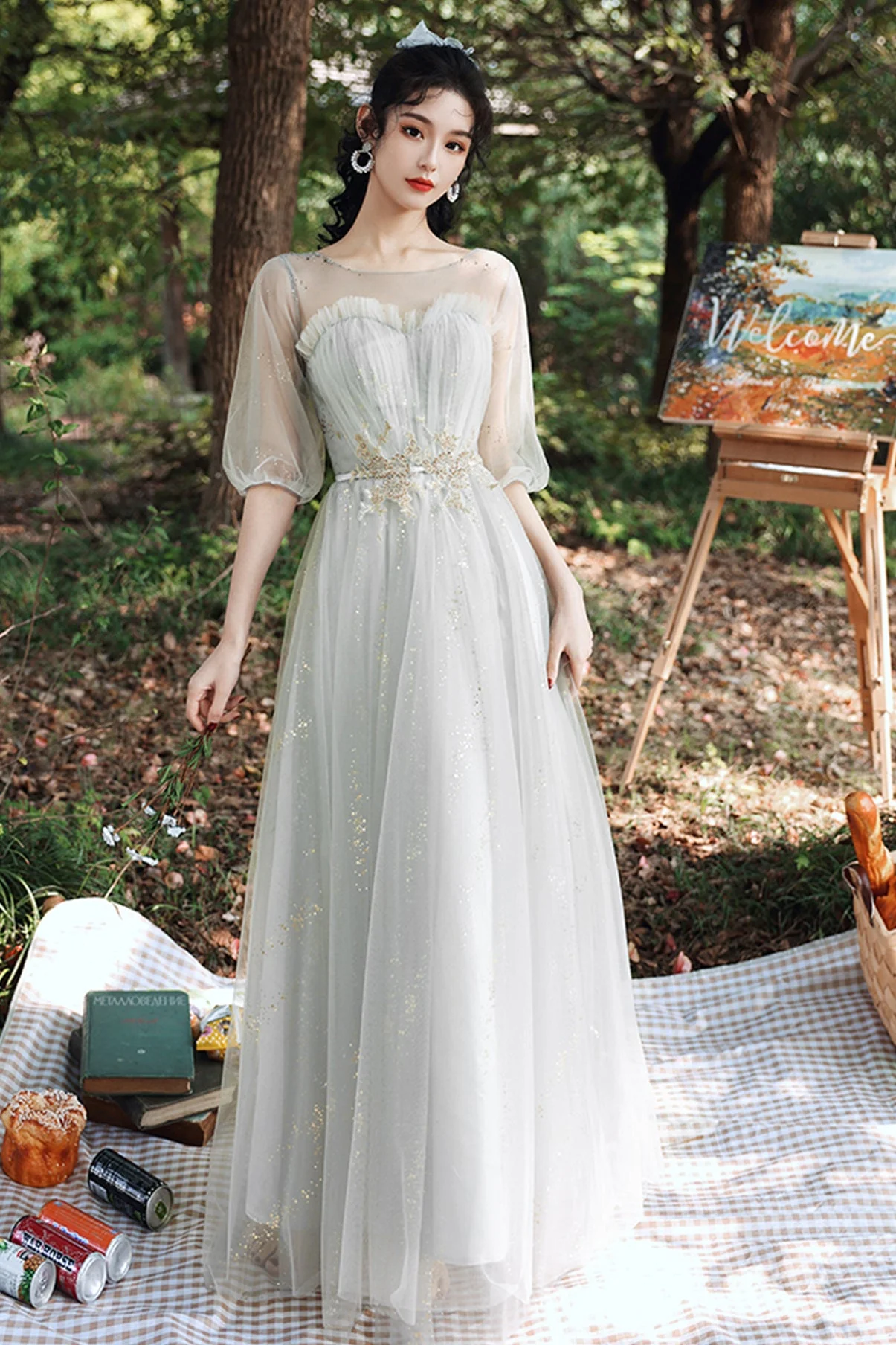 solvbao Grey Lace Long Prom Dresses, A-Line Evening Dresses - Deanwangkt