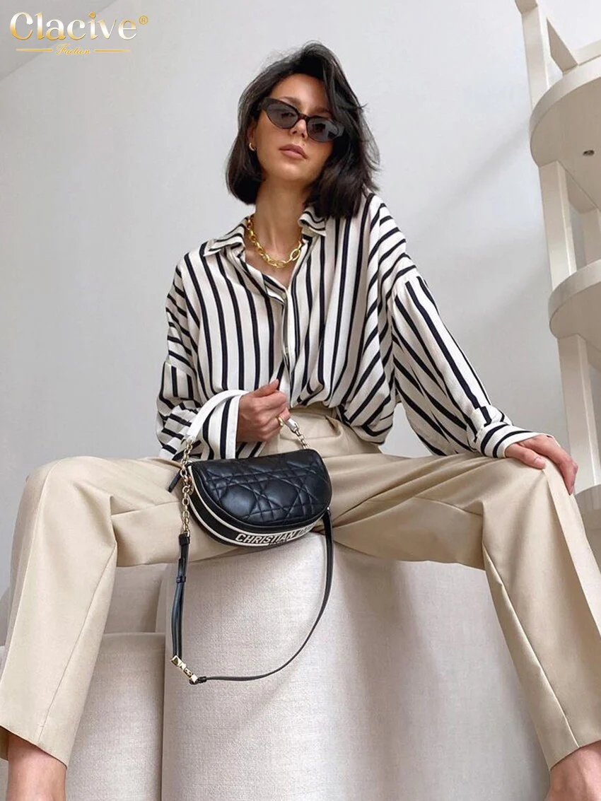 deanwangkt Fashion Woman Blouses  Autumn Casual Lapel Long Sleeve Stripe Print Shirts Lady Elegant Loose Office Female Clothing - Deanwangkt