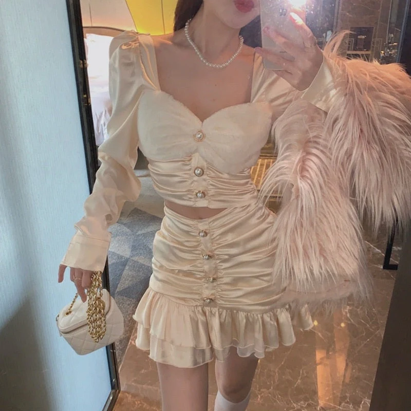 Fall Korean Sweet Two Piece Set Women Sexy Mink Velvet Patchwork Crop Top + Bodycon Skirts Sets Super-Short Shirt 2 Piece Suits  Fairy Dress - Deanwangkt