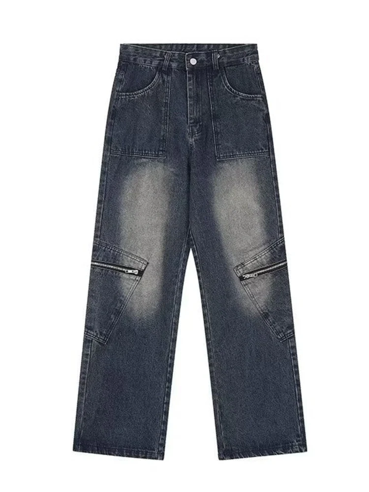 deanwangkt Vintage Street Deconstructed Design Sense Jeans Yellow Mud Dyed Old Vintage Straight Tube Loose Wide Leg Pants Women's Jeans - Deanwangkt