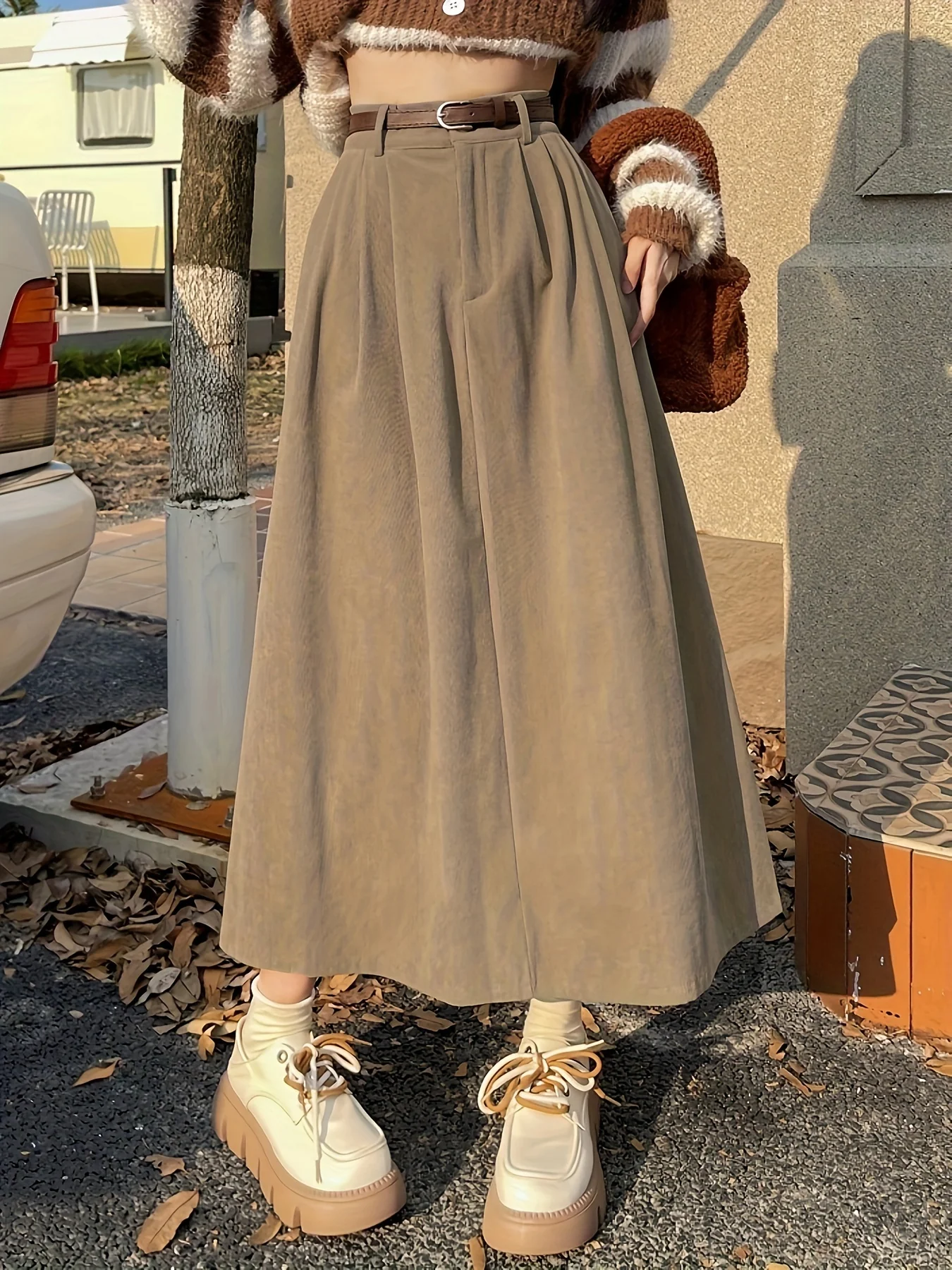 deanwangkt  Solid Flared Skirt, Casual High Waist Midi Skirt With Belt, Women's Clothing - Deanwangkt