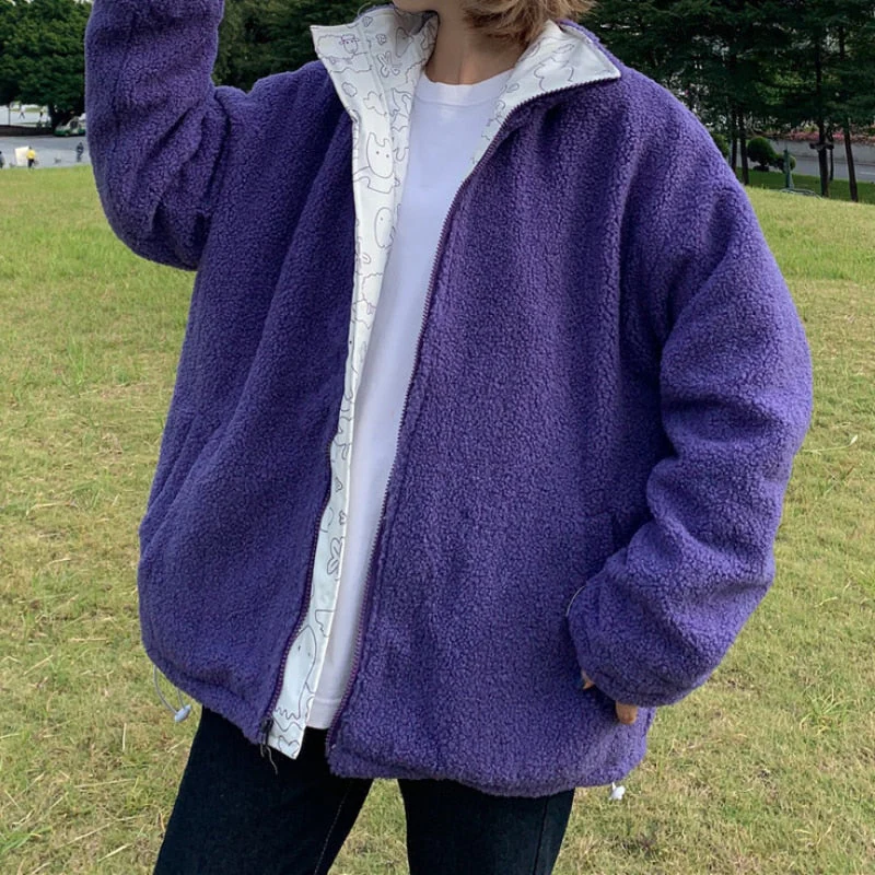 deanwangkt Women Double Sided Jacket Imitation Lambswool Winter Warm Coats Pattern Outerwear Oversized Tops Fashion Reversible Jacket - Deanwangkt