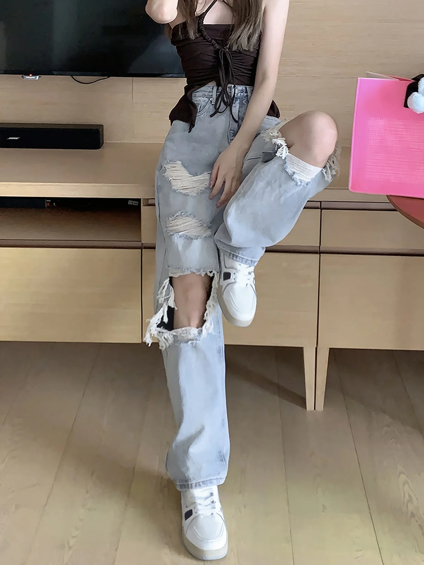 deanwangkt  High Waist Ripped Wide Leg Jeans, Y2k Distressed Washed Straight Leg Denim Pants, Women's Denim Jeans & Clothing - Deanwangkt