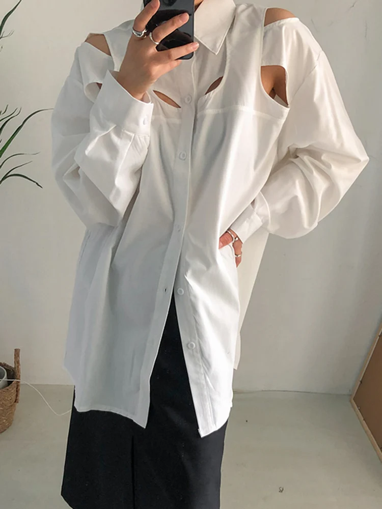 deanwangkt Minimalist Shirt For Women Lapel Long Sleeve Hollow Out Patchwork Casual Loose Blouse Female Autumn Clothing  New - Deanwangkt