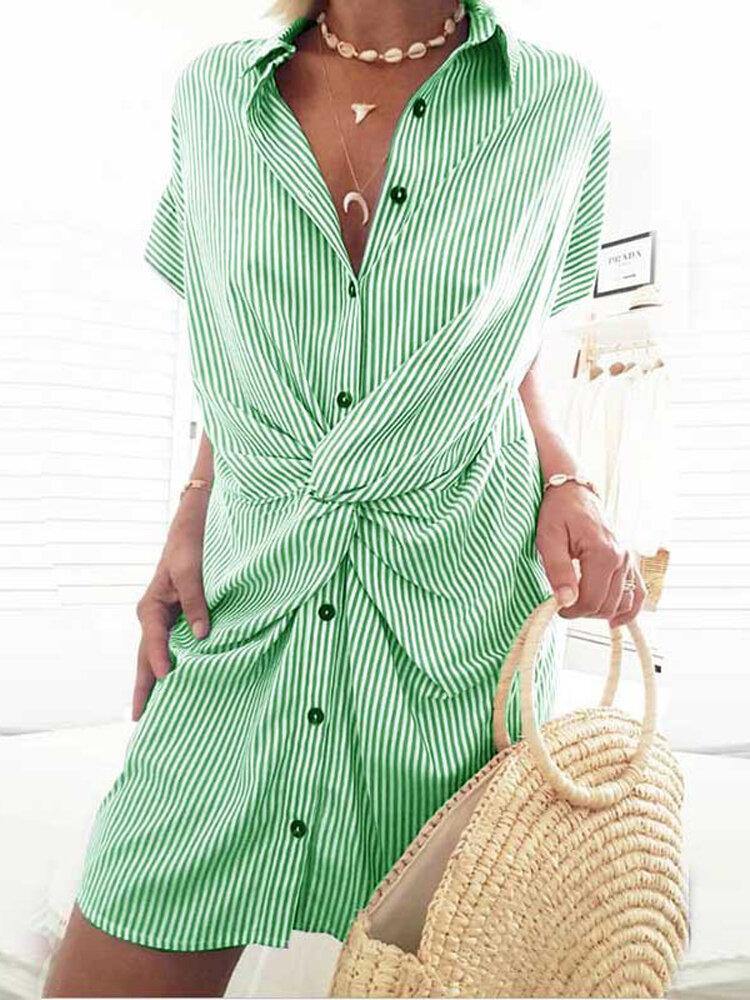 deanwangkt Casual Loose Front Cross Short Sleeve Lapel Shirt Dress - Deanwangkt