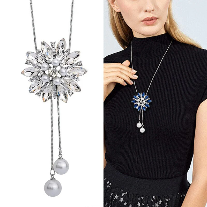 DEANWANGKT Sunflower Crystal Pendant Necklace Women Fashion Blue White Rhinestone Long Chain Necklaces & Pendants Jewelry - Deanwangkt