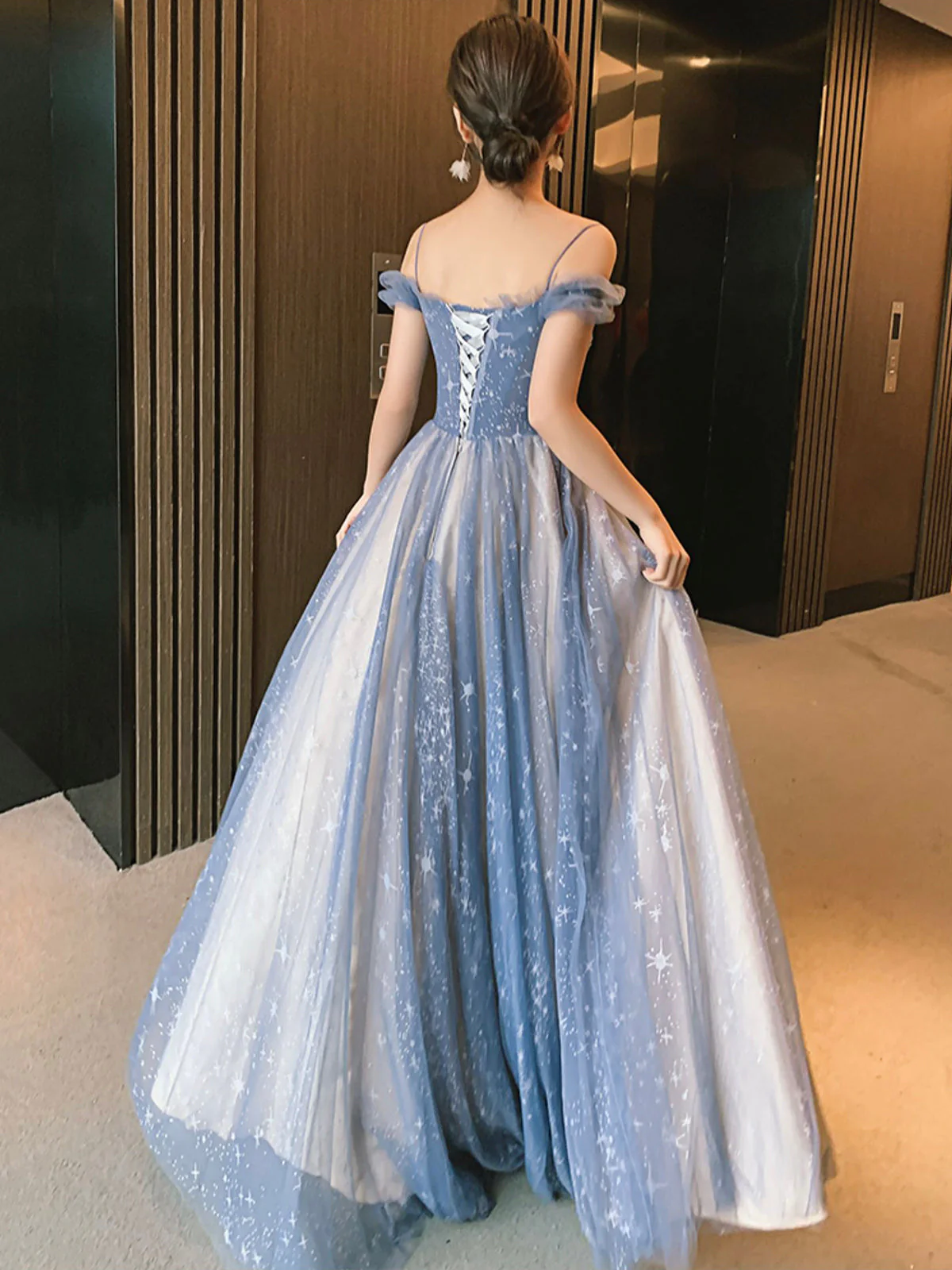 solvbao Blue Spaghetti Straps Tulle Long Prom Dress, Cute A-Line Evening Dress - Deanwangkt