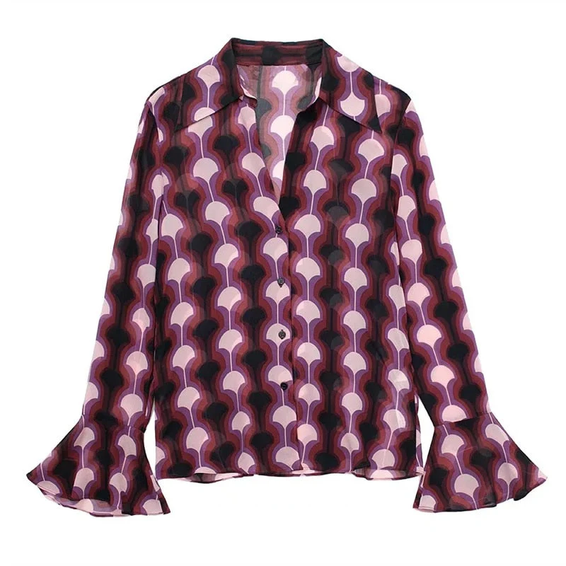 DEANWANGKT  Women Printed Casual Suit Trousers Suit Flared Sleeve Shirt  Summer Retro Vacation Ladies Suit Boot Cut Pant Loose Sets - Deanwangkt