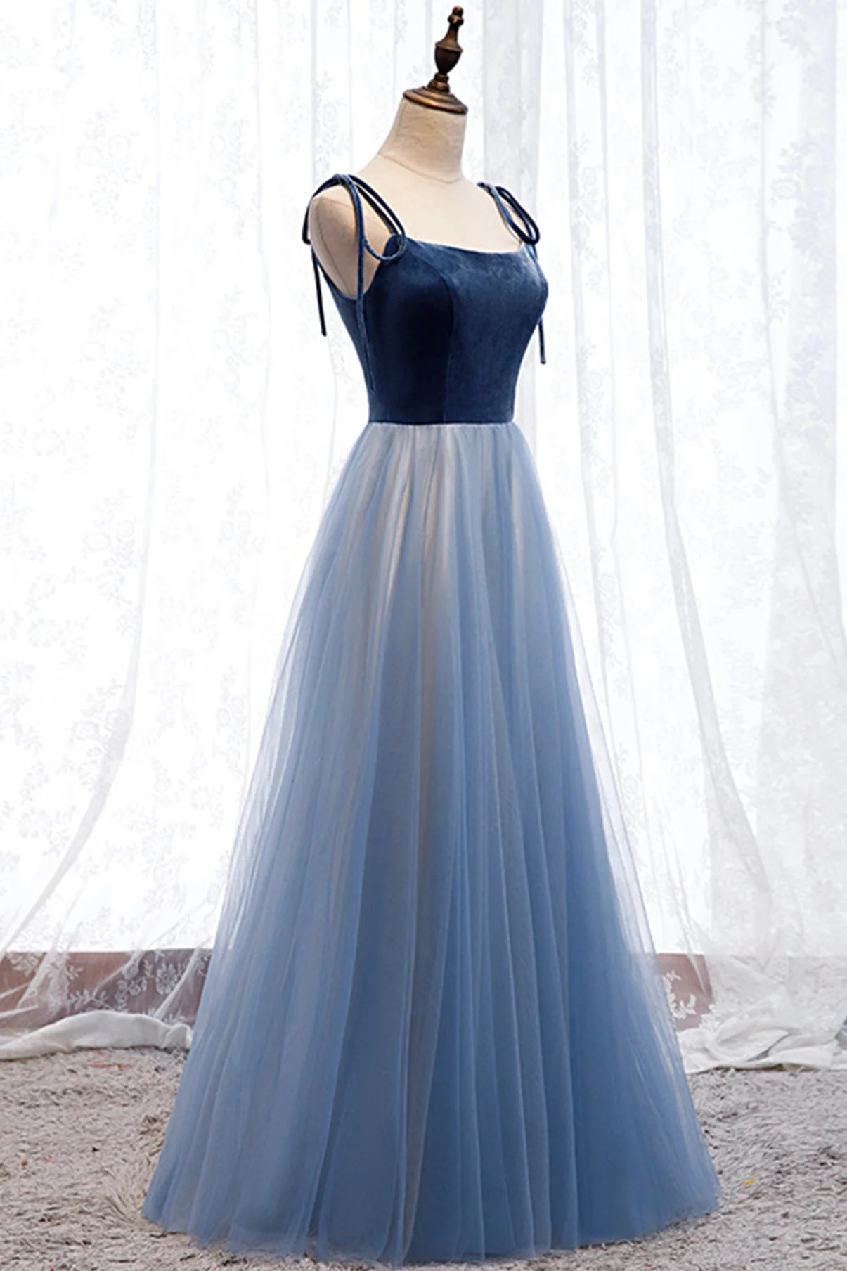 solvbao Blue Velvet Tulle Long Prom Dresses, A-Line Evening Dresses - Deanwangkt