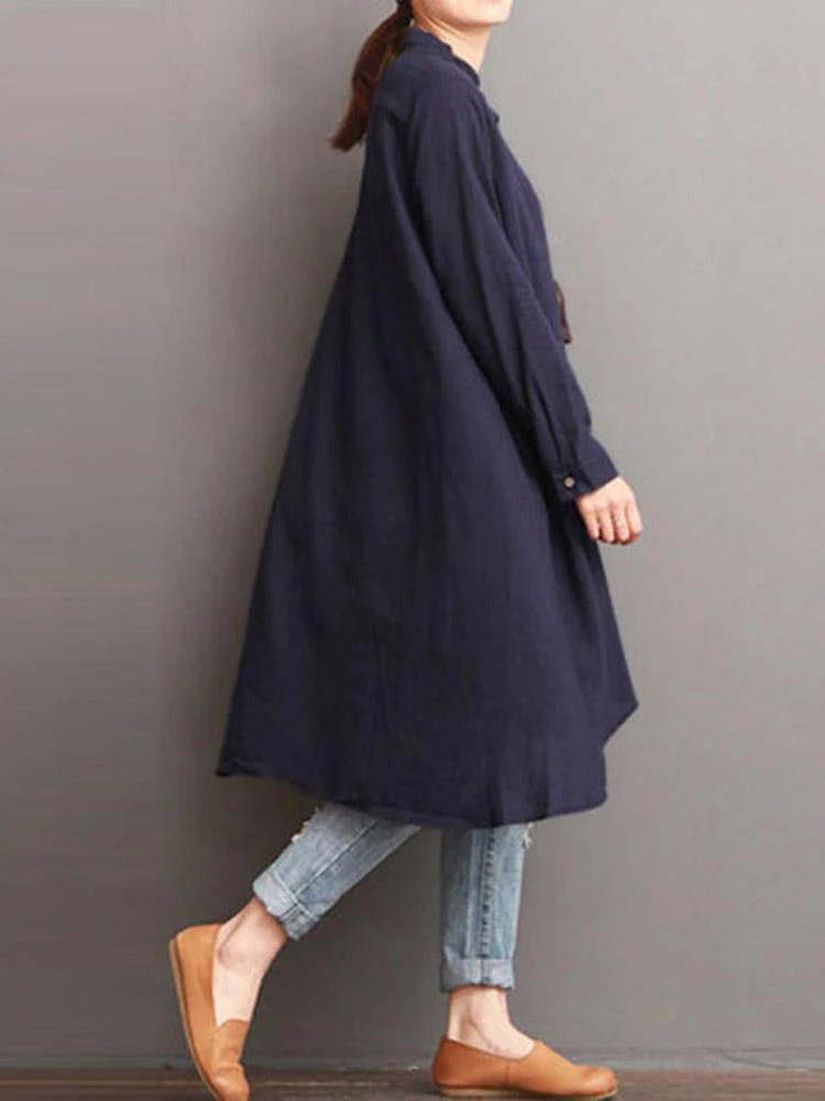 deanwangkt Women Button Down Baggy Blouse Casual Loose Asymmetric Shirt Dress - Deanwangkt