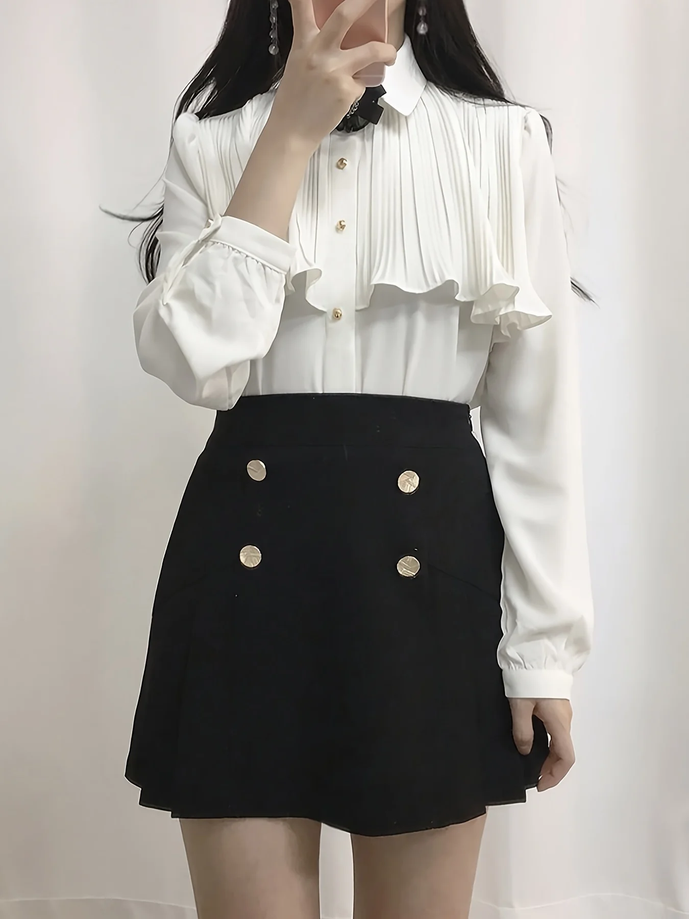 deanwangkt Solid Single Button Ruffle Trim Blouse, Sweet Long Sleeve Blouse For Spring & Fall, Women's Clothing - Deanwangkt