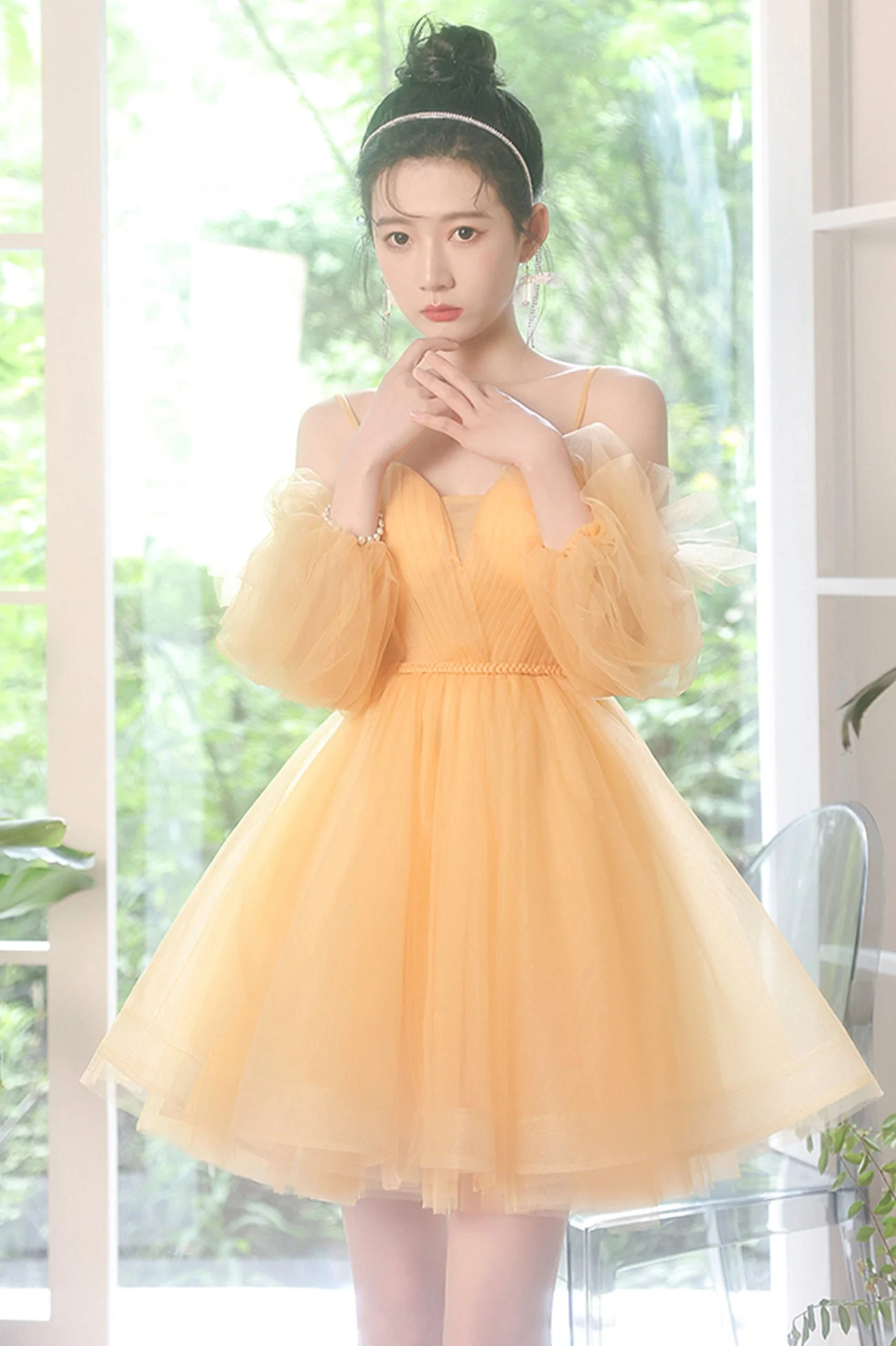 solvbao Yellow Tulle Short Prom Dress, A-Line Short Sleeve Party Dress - Deanwangkt