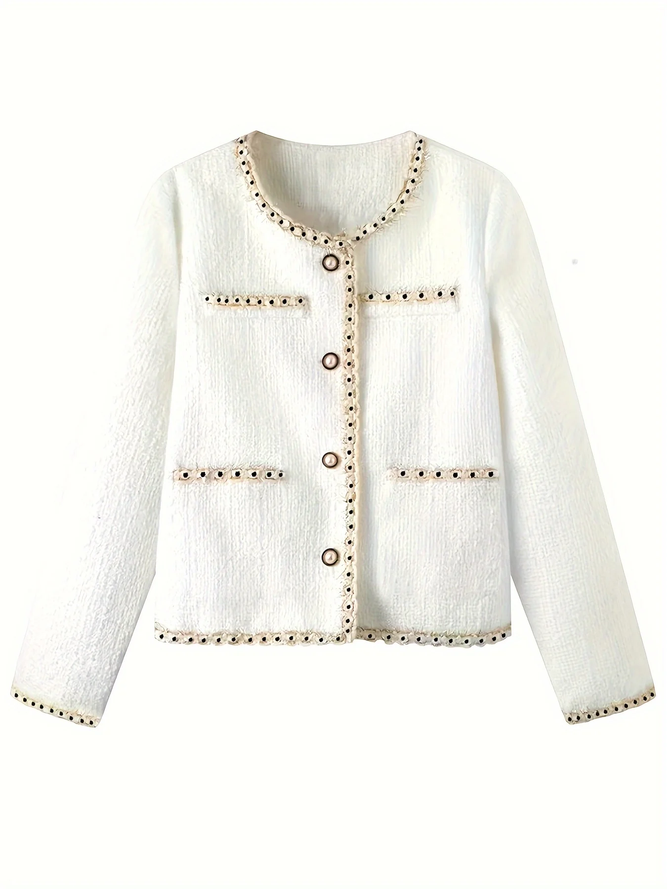 Contrast Trim Button Front Jacket, Casual Crew Neck Long Sleeve Outerwear, Women's Clothing - Deanwangkt