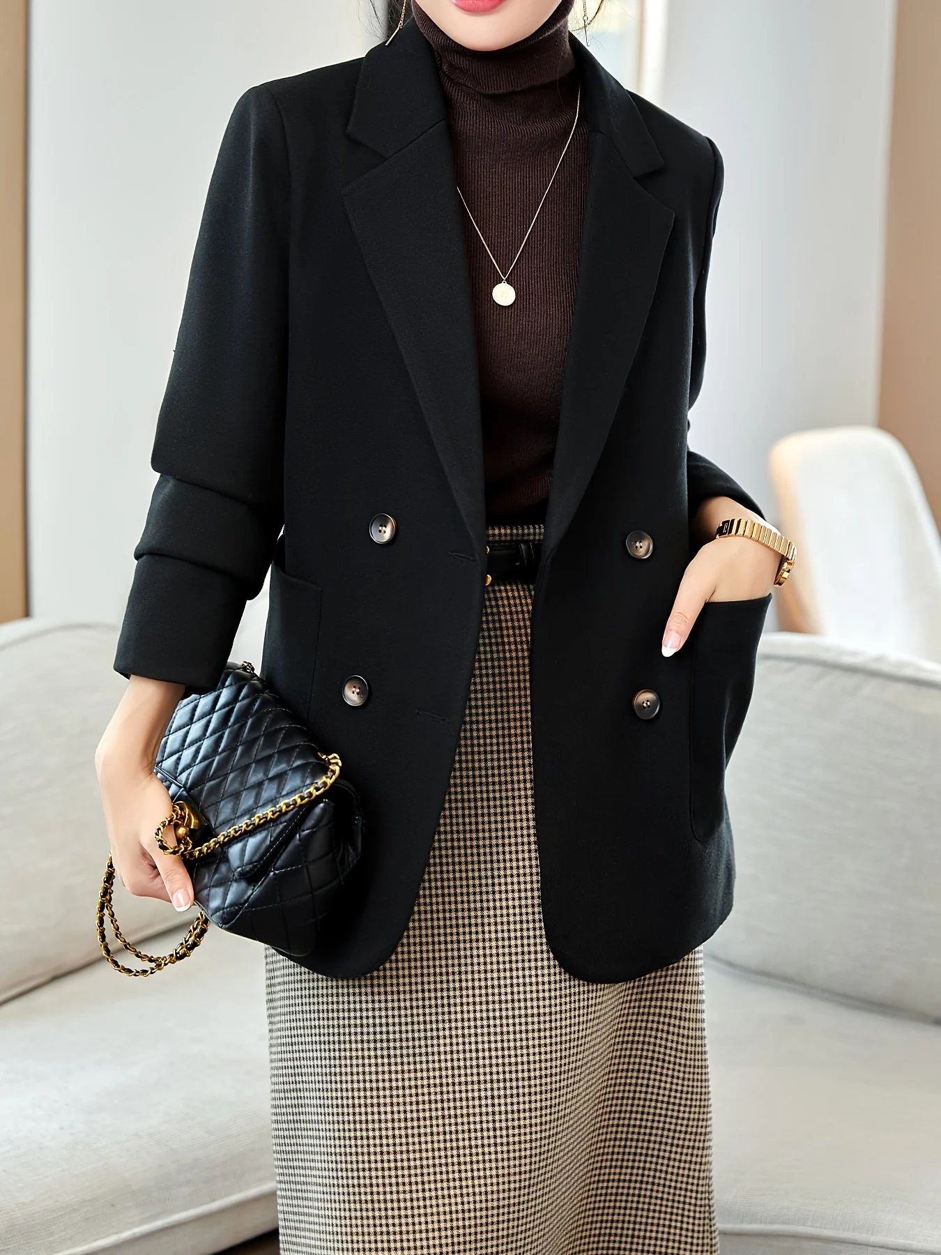 deanwangkt-1 Solid Double Breasted Blazer, Casual Long Sleeve Lapel Blazer For Office & Work, Women's Clothing - Deanwangkt