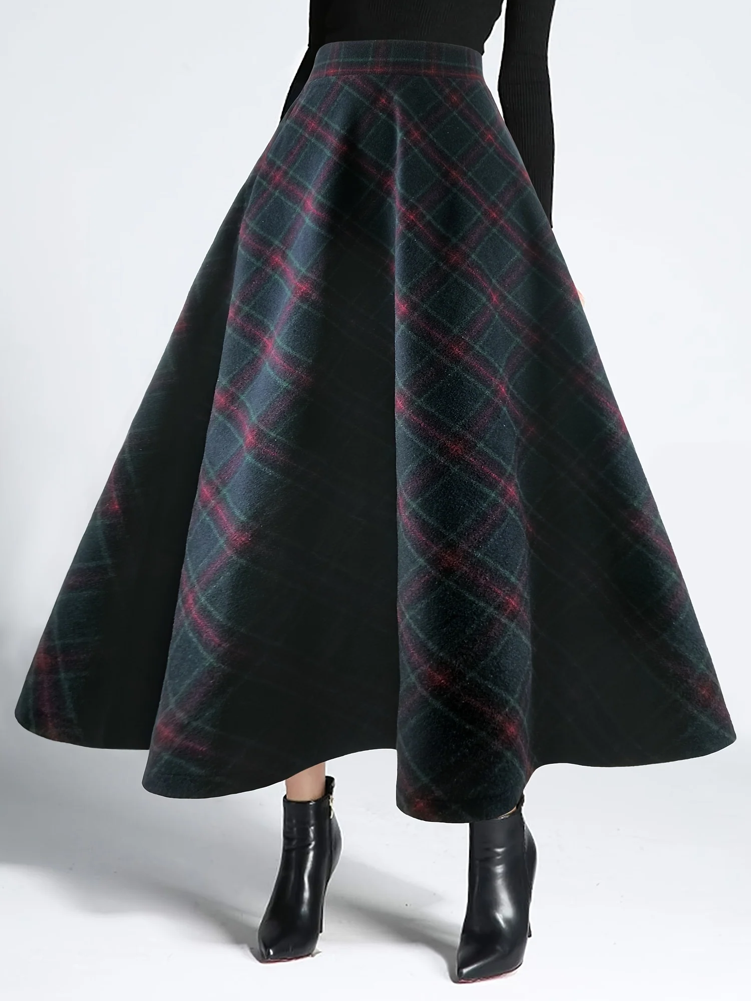 deanwangkt-1 Plaid Print High Waist Tweed Skirt, Elegant Warm Flared Midi Skirt For Fall & Winter, Women's Clothing - Deanwangkt