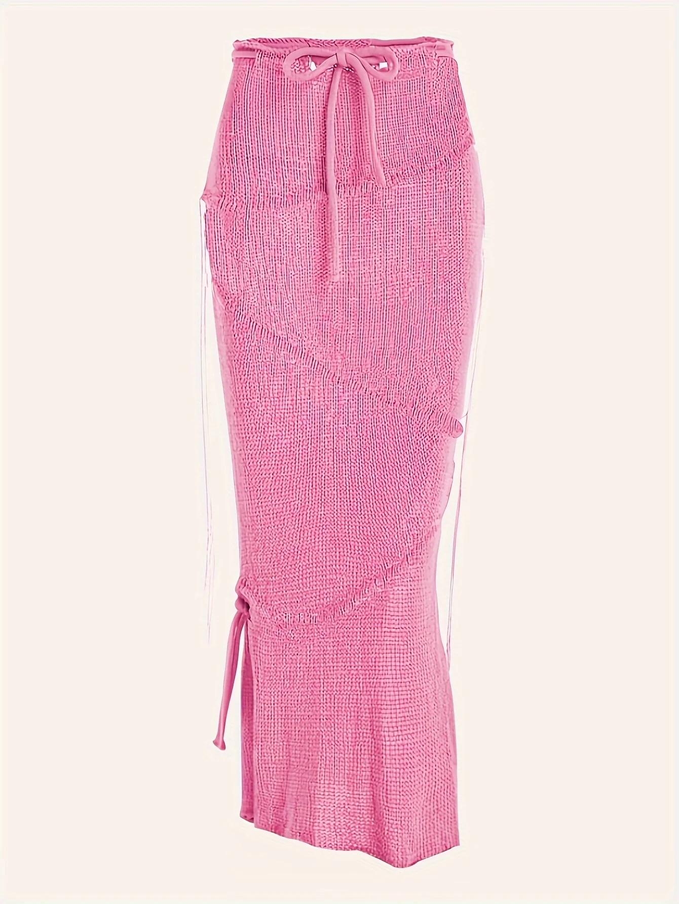 deanwangkt  Solid Knitted Drawstring Waist Side Shirring Skirt, Casual Asymmetrical Ankle Skirt . Women's Clothing - Deanwangkt